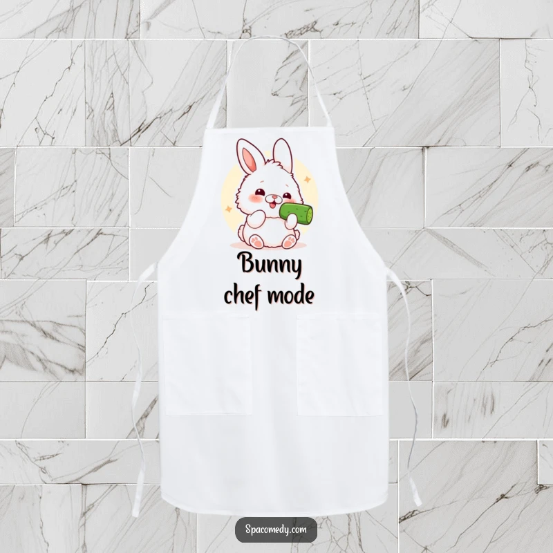 Funny Kawaii Bunny Apron: A culinary bunny comically enjoying a cucumber slice while cooking.