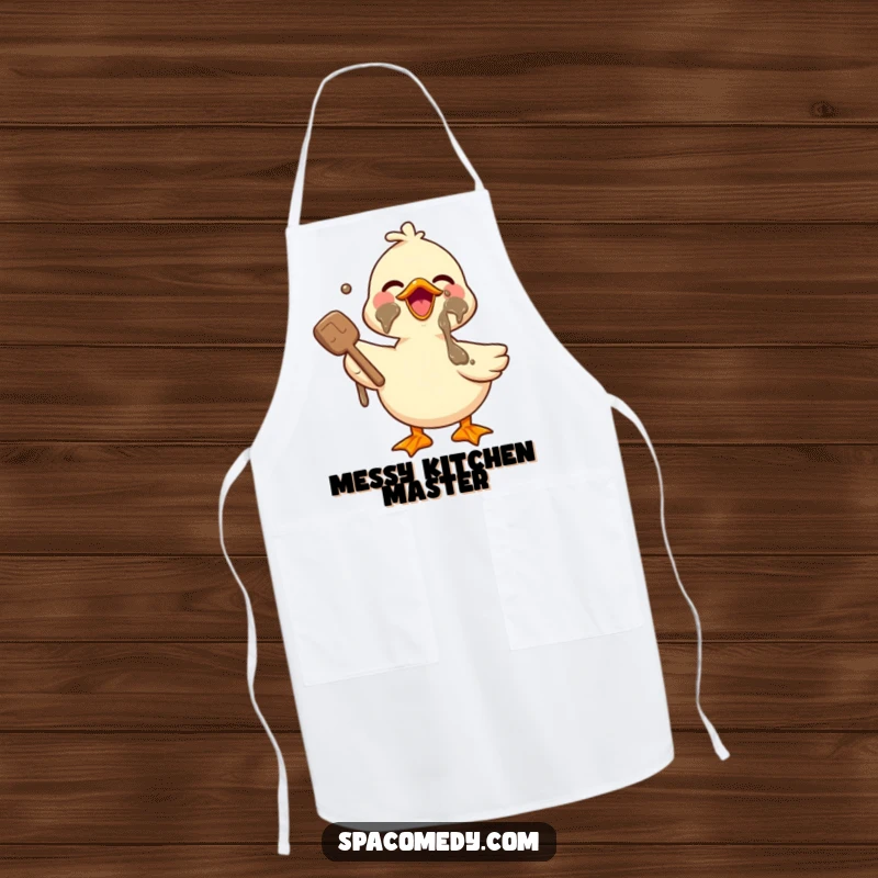 Funny Kawaii Duck Apron showing a cute duck enjoying a mud mask, ideal for kitchen use and adding spa humor.