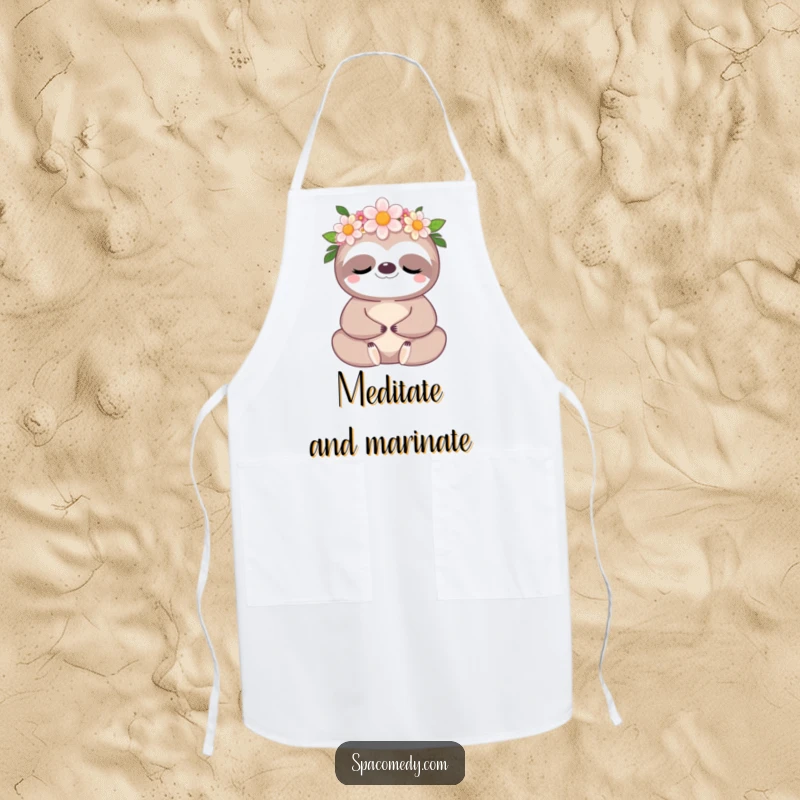 Funny Kawaii Sloth Apron: A meditating sloth wearing a flower crown, cooking peacefully and humorously.