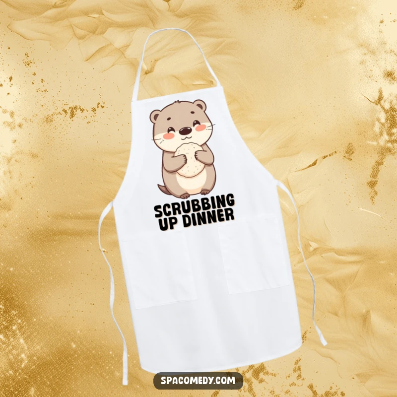 Funny otter apron featuring a character holding a loofah, ideal for humorous kitchen protection during cooking.