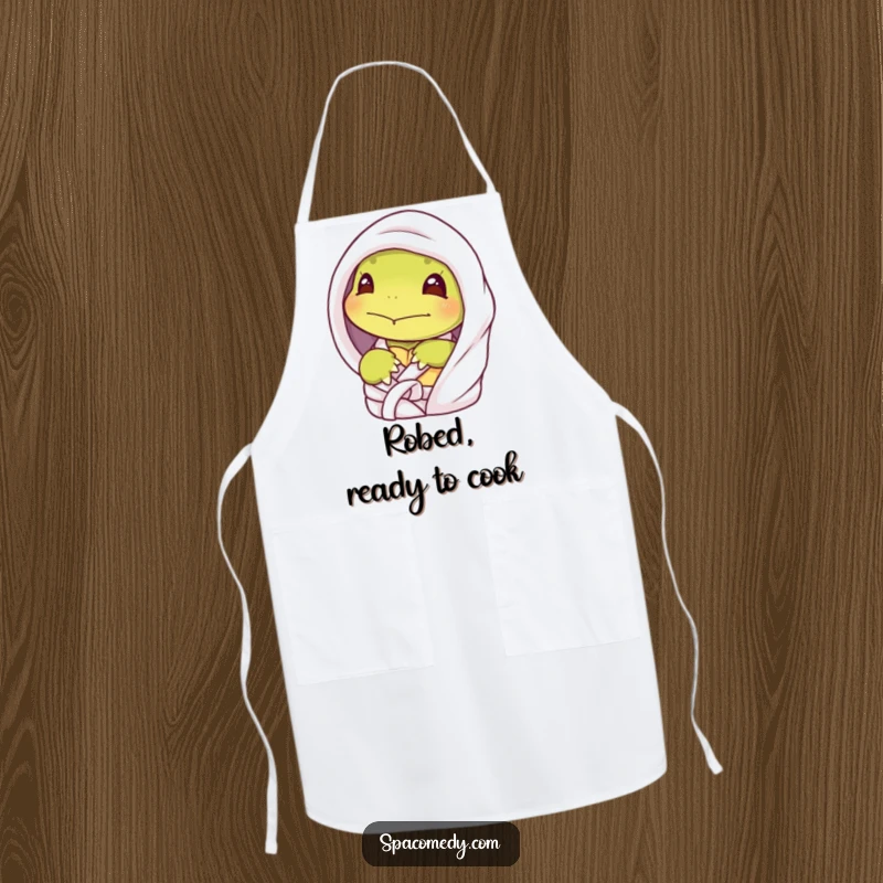 Funny shy turtle apron featuring a character peeking from a spa robe, ideal for humorous kitchen protection for quiet cooks.