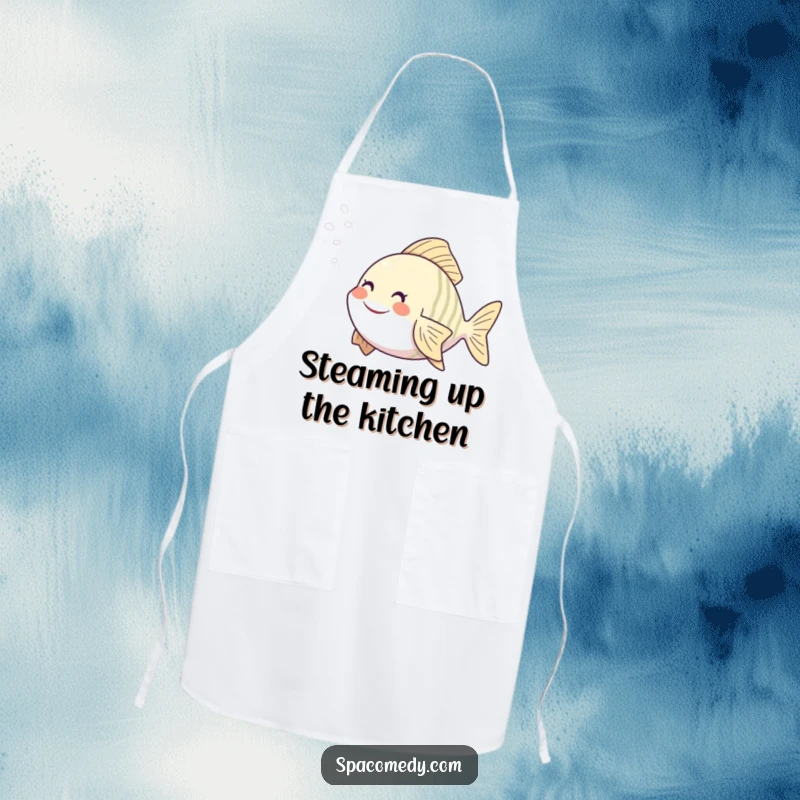 Funny fish apron showing a character in a steam mist during cooking, a humorous kitchen item for relaxed chefs.