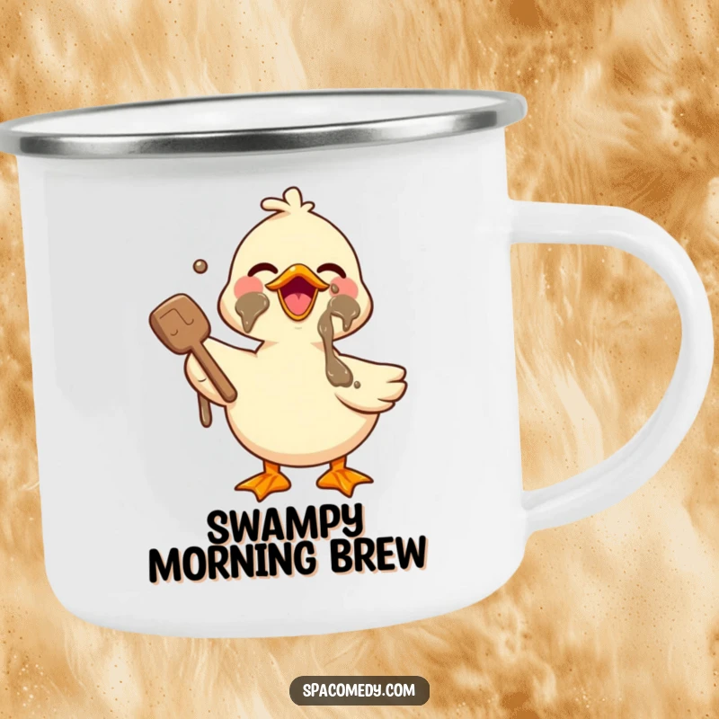 Funny Kawaii Duck Camping Mug showing a cute duck enjoying a mud mask, designed for relaxation and adding spa humor.