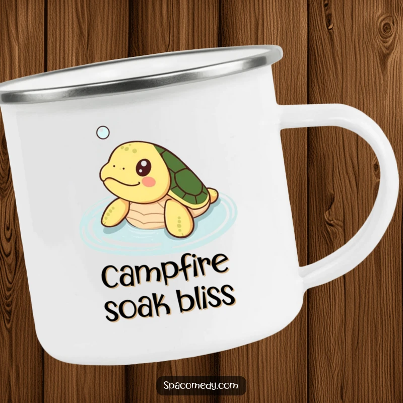 Funny Kawaii Turtle Camping Mug: A cute turtle happily soaking in warm water by a campsite.