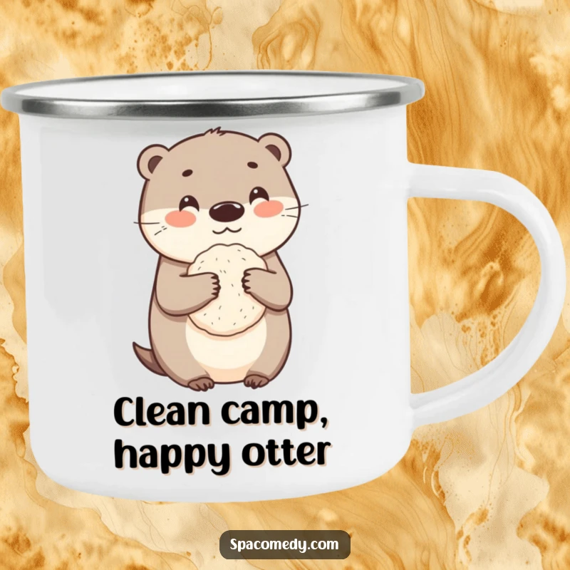 Funny otter camping mug with a cute character holding a loofah, ideal for humorous outdoor beverage enjoyment.