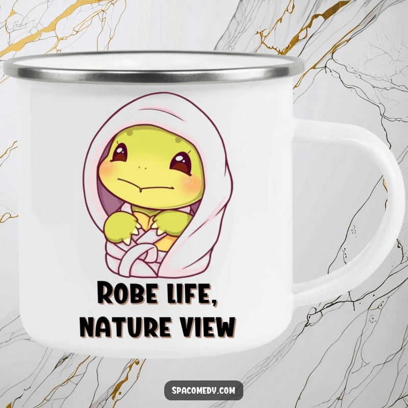 Funny shy turtle camping mug with a character peeking from a spa robe, ideal for humorous outdoor beverage enjoyment.