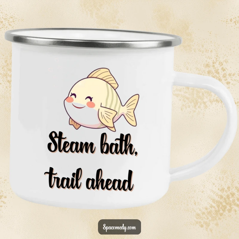 Funny fish camping mug with a character in a steam mist, perfect for humorous outdoor beverage enjoyment.