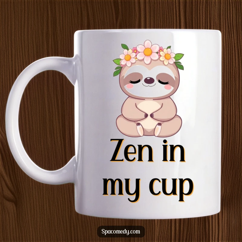 Funny Kawaii Sloth Mug: A cute sloth in a flower crown peacefully meditating, radiating calm vibes.