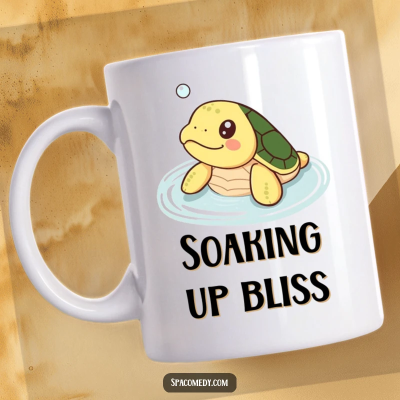 Funny Kawaii Turtle Mug: A small cute turtle happily soaking in warm water, looking utterly content.