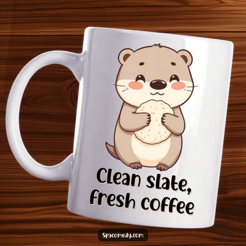 Funny otter mug featuring an adorable character joyfully holding a small loofah, ready for a scrub-down.