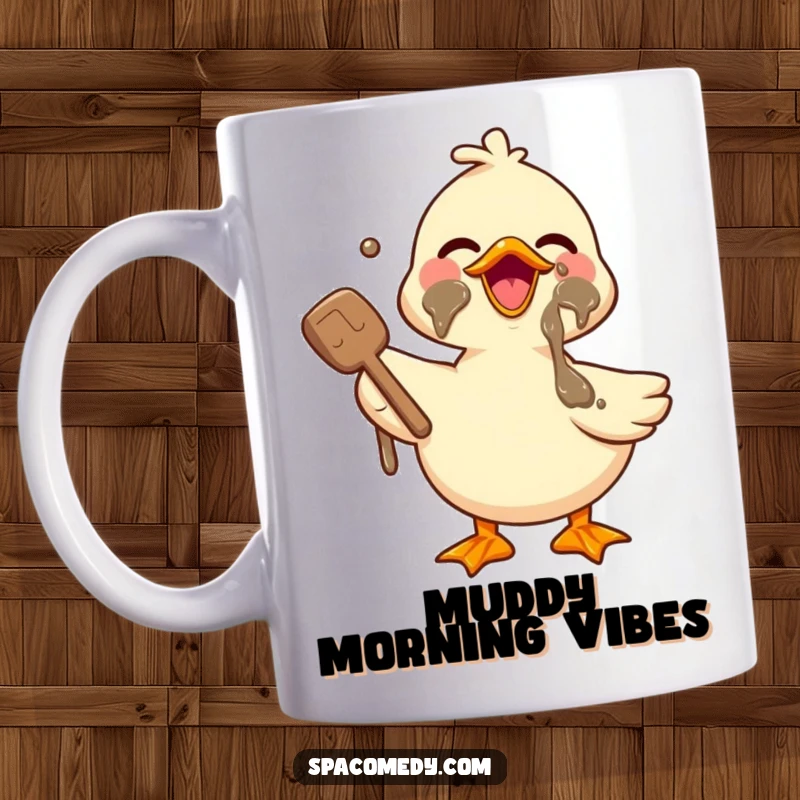 Funny Kawaii Duck Mug with a happy duck joyfully applying mud to its face, ideal for spa lovers and animal enthusiasts.