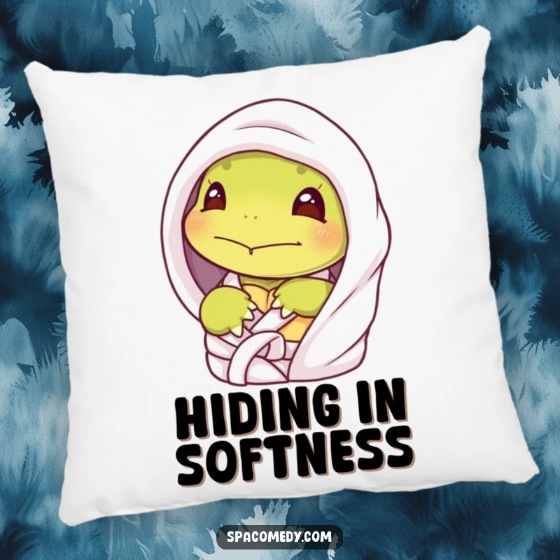 Funny shy turtle pillow with a character peeking from a spa robe, offering humorous comfort and introverted charm.