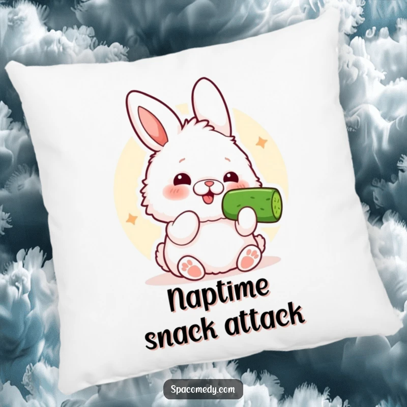 Funny Kawaii Bunny Pillow: A cute bunny comically eating a cucumber slice, adding a touch of humor.