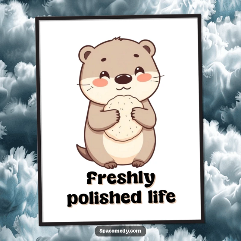 Funny otter digital art print of a cute character holding a loofah, offering instant humorous bath-themed wall decor.