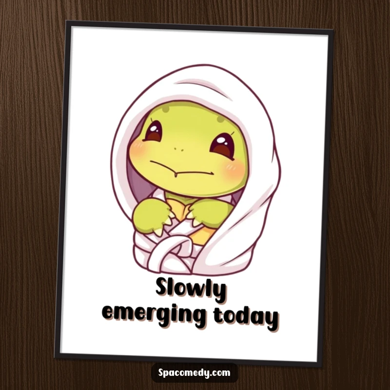 Funny shy turtle digital art print of a character peeking from a spa robe, offering instant humorous introvert-themed wall decor.