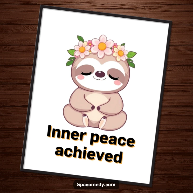 Funny Kawaii Sloth Digital Art: A serene sloth wearing a flower crown, meditating peacefully.