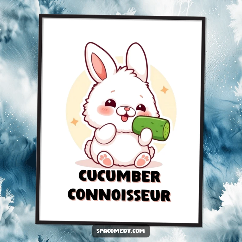 Funny Kawaii Bunny Poster: A fluffy bunny comically enjoying a crisp cucumber slice, radiating happiness.