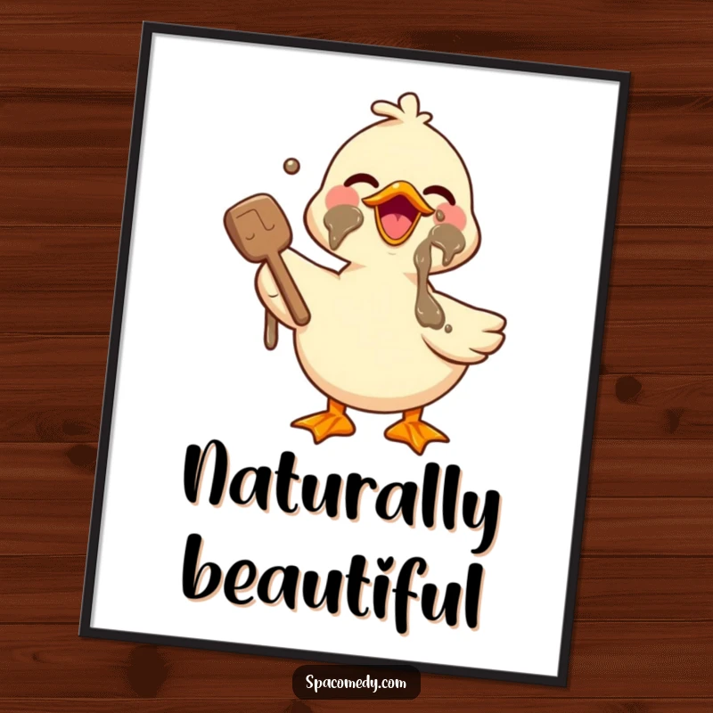 Funny Kawaii Duck Poster showing a cute duck joyfully applying mud, ideal for spa room decor and adding a humorous, relaxing vibe.