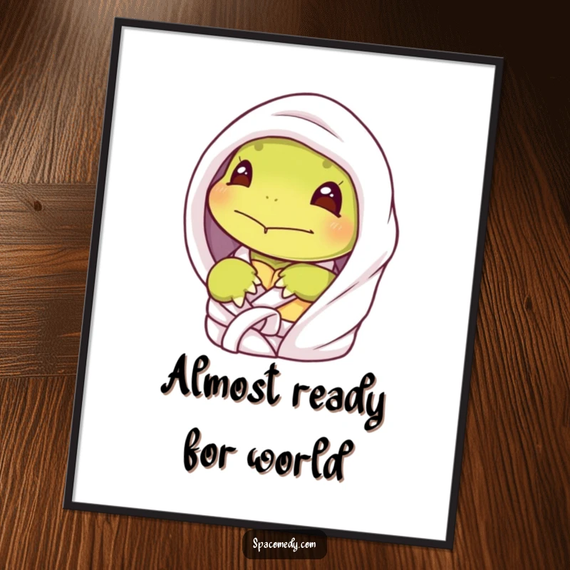 Funny shy turtle poster depicting a character peeking from a spa robe, offering humorous introvert-themed wall art.