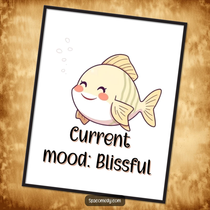 Funny fish poster depicting a character in a relaxing steam mist, adding humorous aquatic decor to any room.