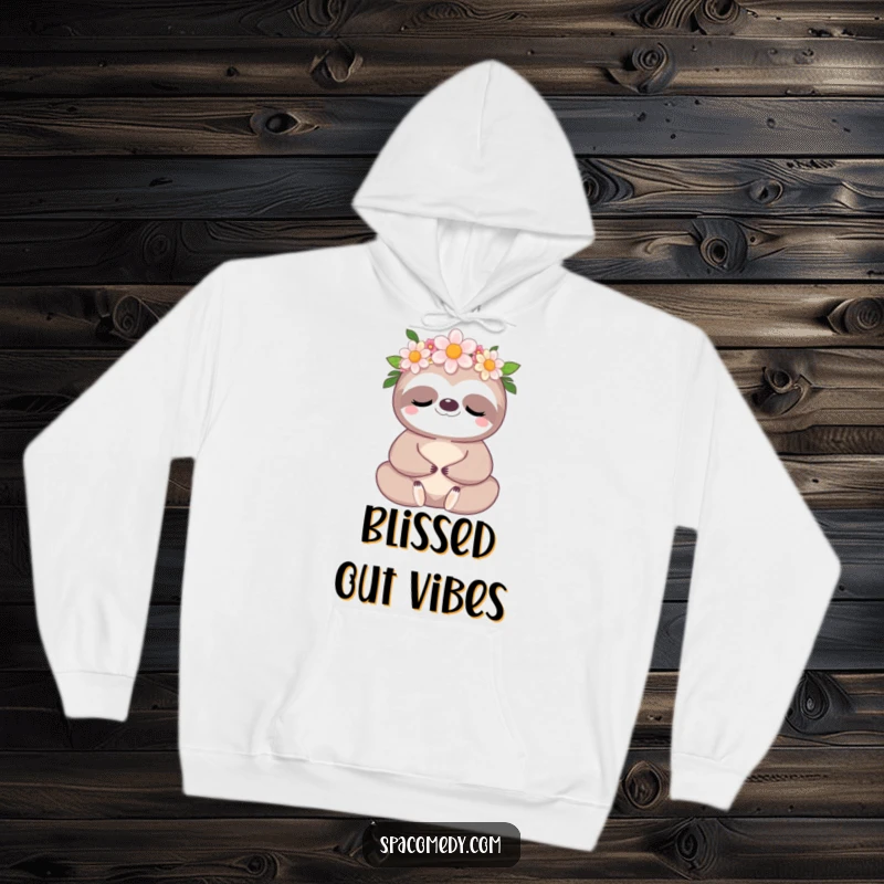 Funny Kawaii Sloth Hoodie: A meditating sloth adorned with a beautiful flower crown, looking serene.