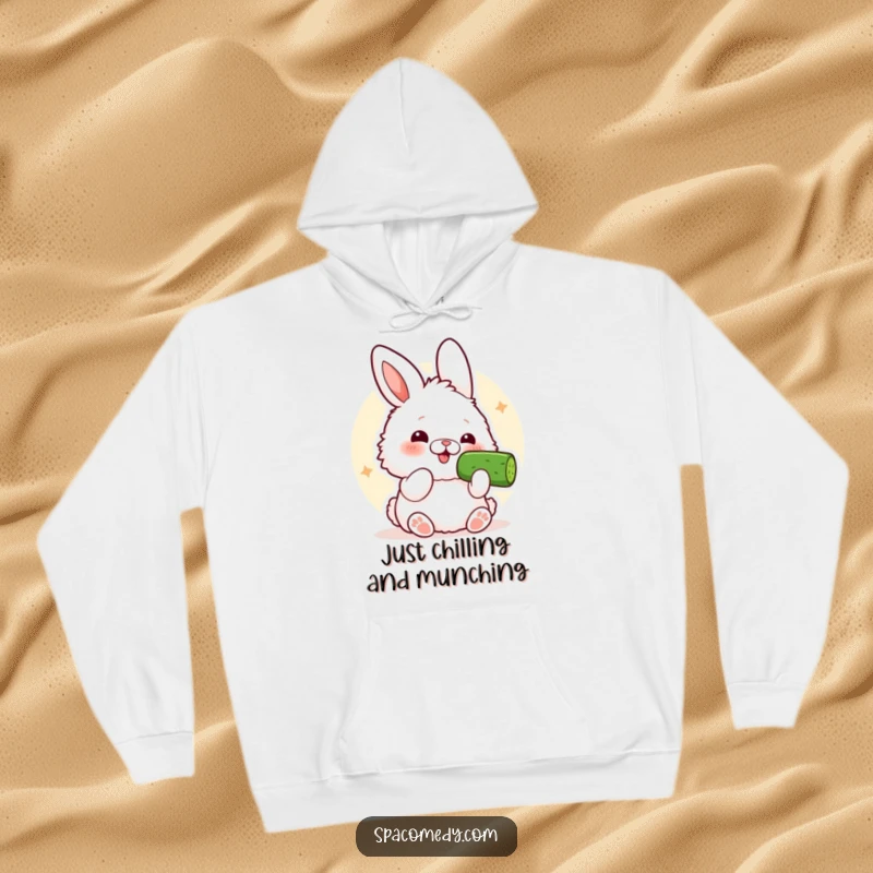 Funny Kawaii Bunny Hoodie: A fluffy bunny comically savoring a cool cucumber slice, looking utterly delighted.