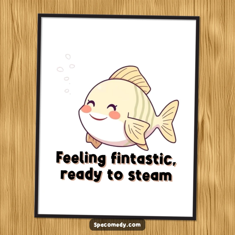 Funny Free Printable Wall Art: Smiling fish enjoying spa steam, a humorous downloadable piece of art for a tranquil, funny atmosphere.