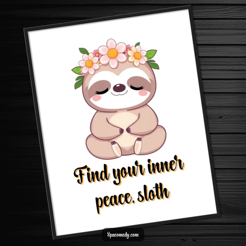 Free Printable Wall Art: Peaceful kawaii sloth wearing a flower crown, meditating with eyes closed, bringing calm to any room.