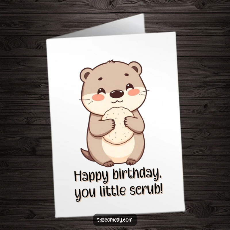 Funny Free Printable Birthday Card: Adorable otter holding a loofah, wishing a scrub-tastic birthday with downloadable cartoon charm.