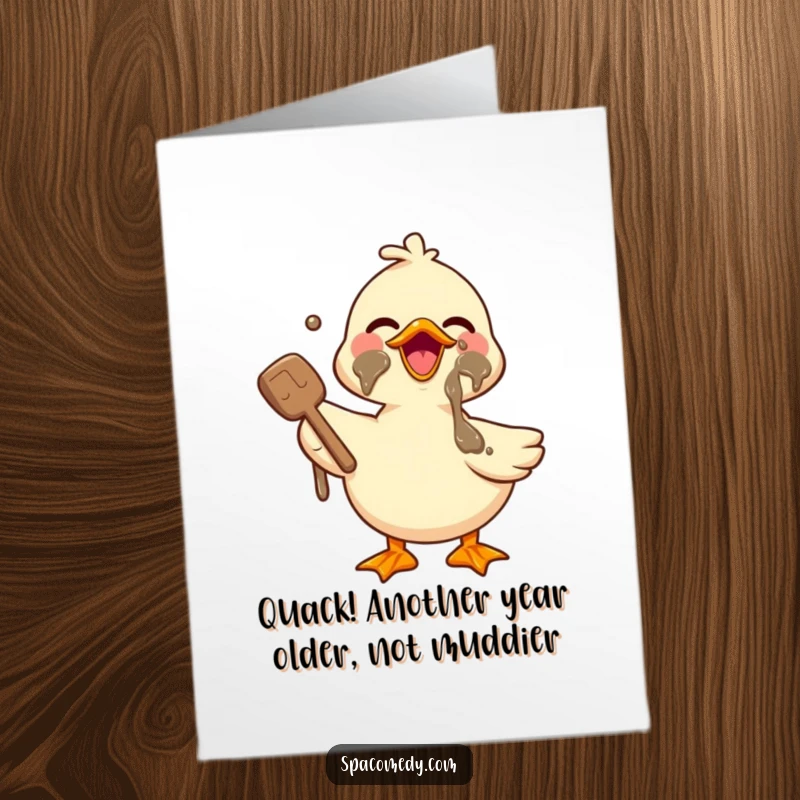 Funny free printable birthday card: Cute kawaii duck gleefully applying mud to its face with pure delight.