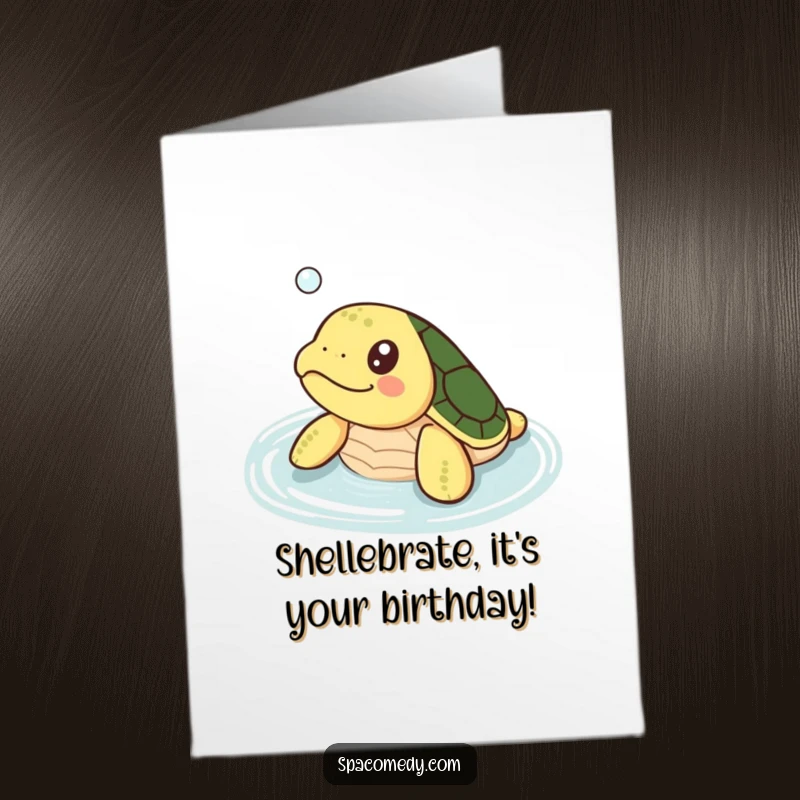 Free Printable Birthday Card: Kawaii small turtle happily soaking in warm water with a contented smile, wishing a happy birthday.