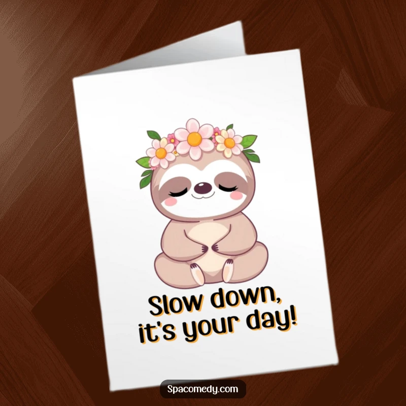 Free Printable Birthday Card: Peaceful kawaii sloth wearing a flower crown, meditating with closed eyes, sending birthday calm.