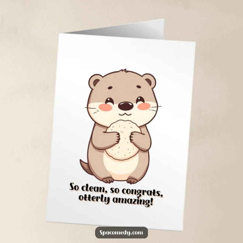 Funny Free Printable Congratulations Card: Adorable otter with loofah, celebrating success with a humorous, downloadable, clean-themed design.
