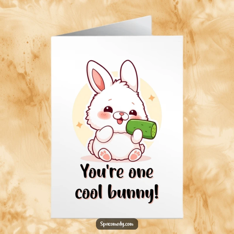 Funny Free Printable Congratulations Card: Kawaii bunny comically eating a cucumber slice, celebrating success with a quirky smile.