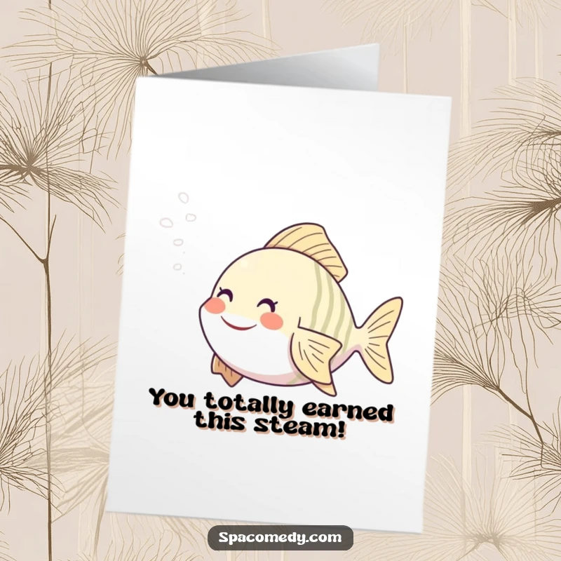 Funny Free Printable Congratulations Card: Smiling fish relaxing in steam, perfect for congratulating a big win with downloadable humor.