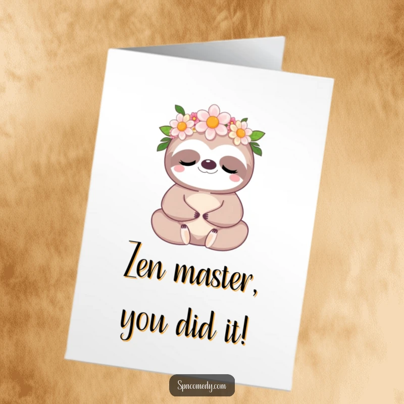 Free Printable Congratulations Card: Peaceful kawaii sloth wearing a flower crown, meditating with eyes closed, conveying calm congrats.