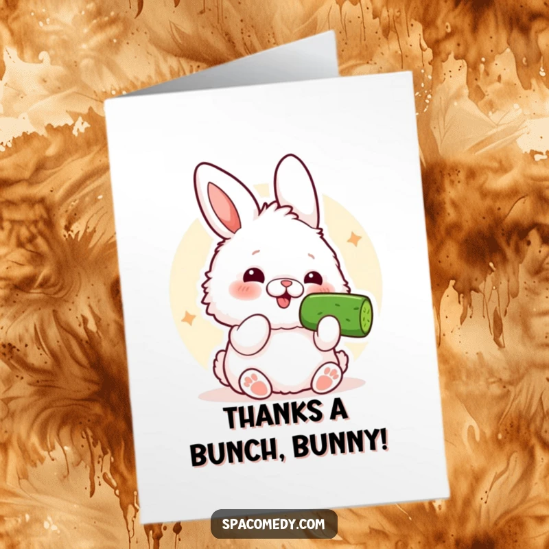 Funny Free Printable Thank You Card: Kawaii bunny comically eating a cucumber slice, showing thanks with a unique expression.