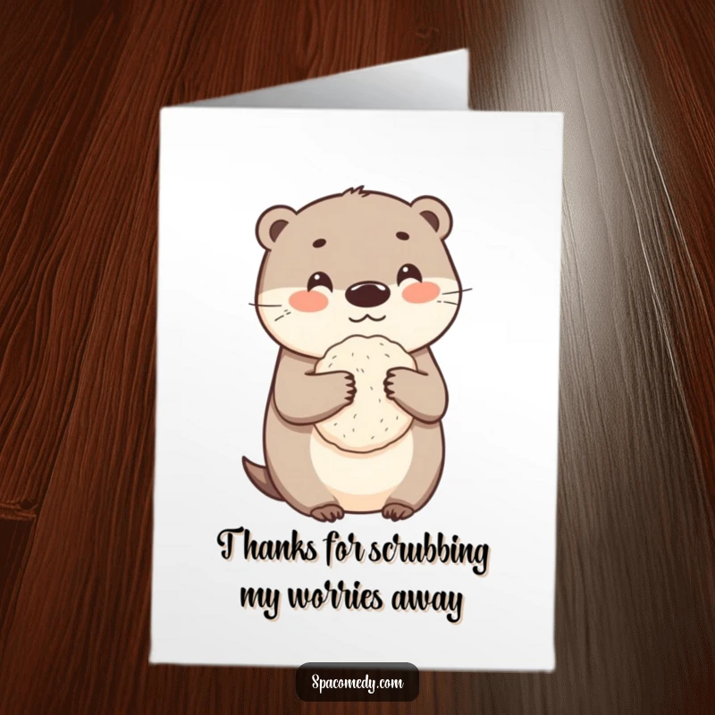 Funny Free Printable Thank You Card: Adorable otter holding a loofah, expressing thanks with a humorous, downloadable, clean and cute design.