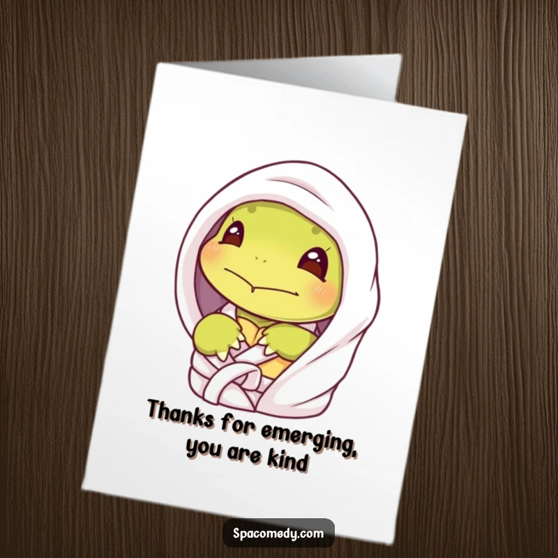 Funny Free Printable Thank You Card: Shy turtle peeking from spa robe, expressing thanks with a humorous, cozy, downloadable design.