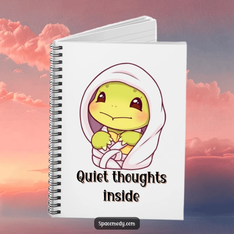 Funny shy turtle notebook with a character peeking from a spa robe, perfect for journaling quiet thoughts with humor.
