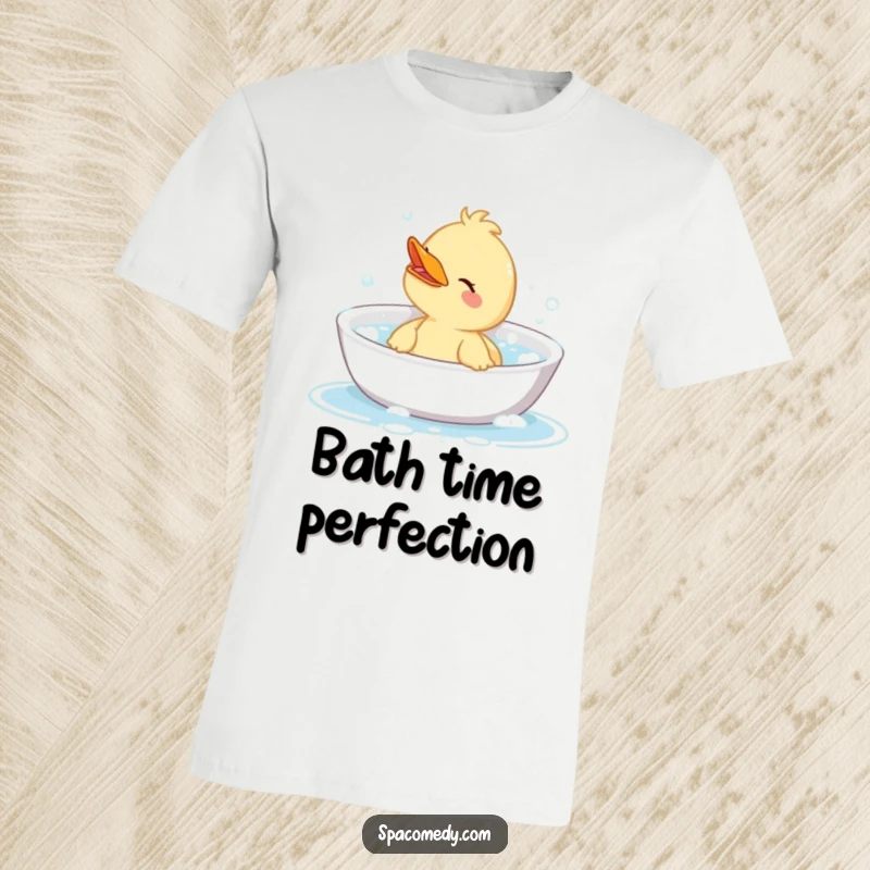 Funny t-shirt showing a cute duck character luxuriating in a bathtub filled with bubbles, humorously representing pure relaxation and self-care.