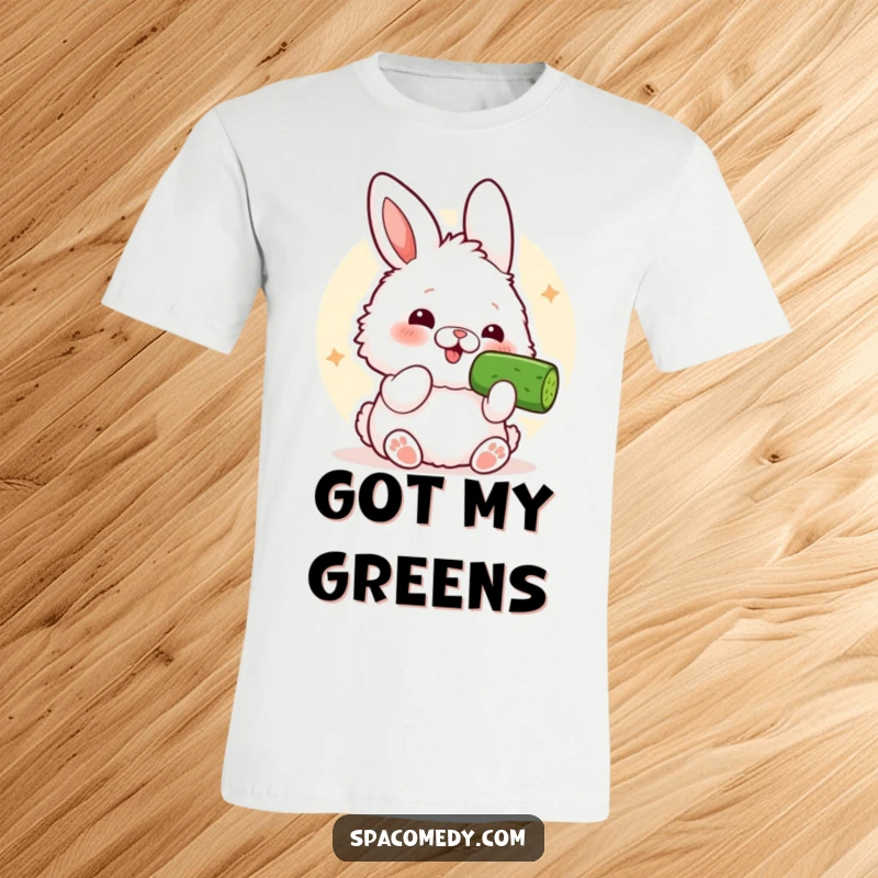Funny Kawaii Bunny T-Shirt: A cute bunny hilariously enjoying a fresh cucumber slice with a smile.
