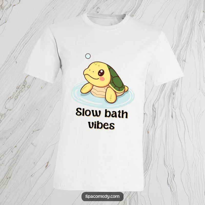 Funny Kawaii Turtle T-Shirt: A small turtle happily soaking in warm water, looking joyful and relaxed.