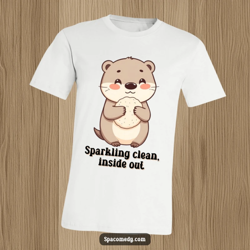 Funny otter t-shirt with a cute character happily holding a small loofah, symbolizing cleanliness and fun.