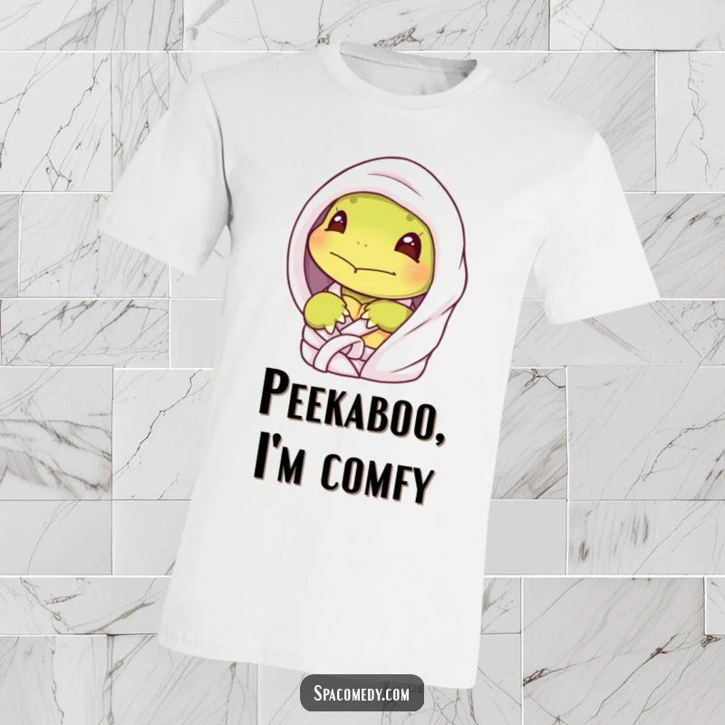 Funny shy turtle t-shirt with a character peeking out from a spa robe, symbolizing quiet comfort and humor.