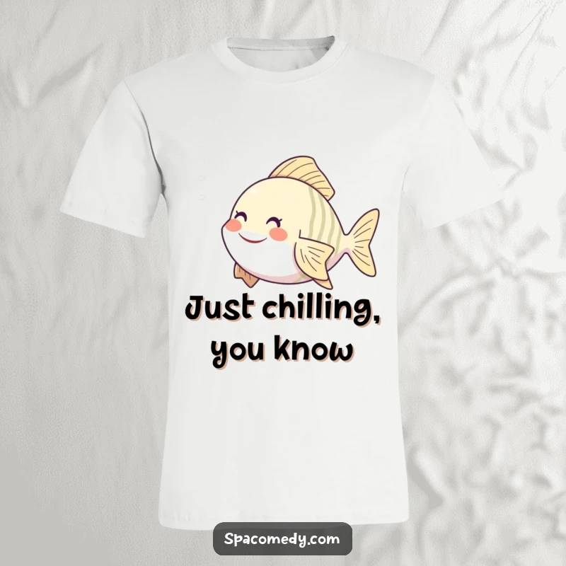 Funny fish t-shirt featuring a smiling character luxuriating in a gentle steam mist, a humorous depiction of pure bliss.