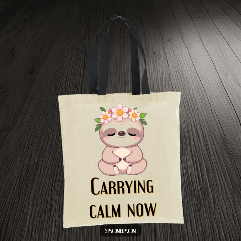 Funny Kawaii Sloth Tote Bag: A cute sloth in a flower crown peacefully meditating, ready for errands.