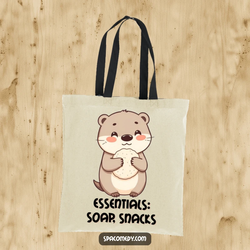 Funny otter tote bag with a cute character holding a loofah, perfect for carrying bath accessories with humor.