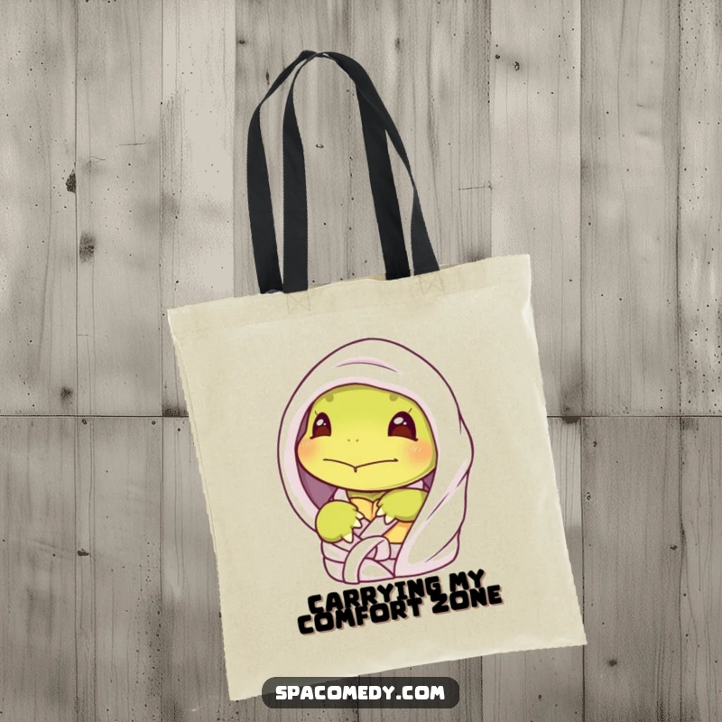 Funny shy turtle tote bag with a character peeking from a spa robe, ideal for carrying essentials discreetly.